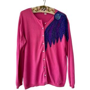 Pink Knit Cardigan Sweater Blue Beaded Wing Plus Sz 1X Upcycled Valentine’s Day